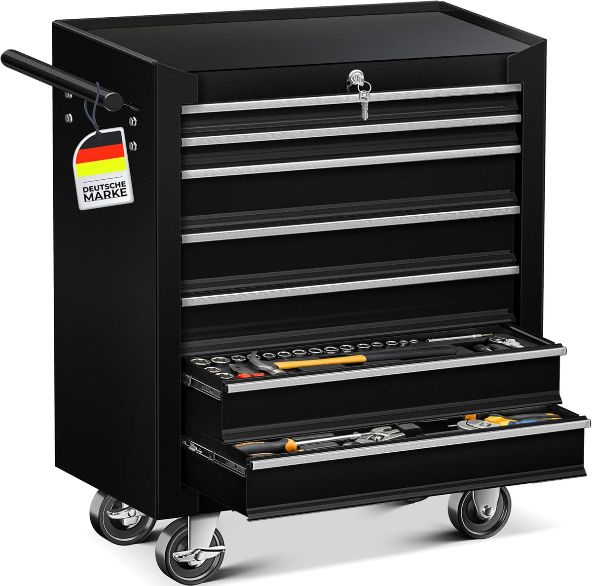 MASKO Werkstattwagen rollbar 7 Schubladen abschließbar, Stabiler Werkstatt Trolley aus massiven Metall, Schwarz