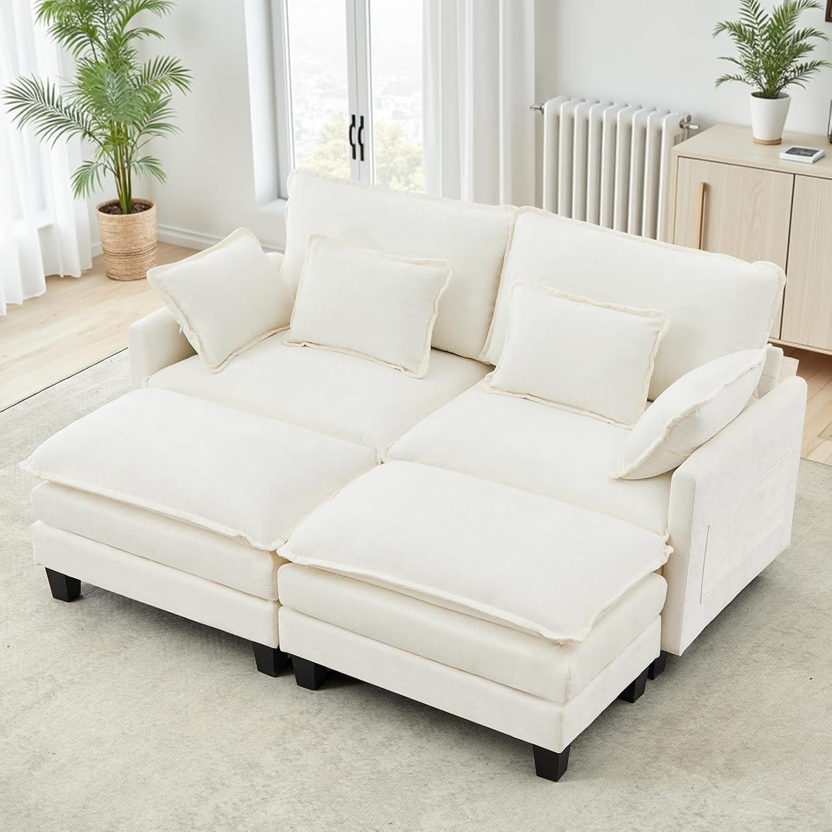 Modulares Sofa mit Schlaffunktion, 197 cm L-Form), Sofa L Form Set mit Couch Kissen, Bequemer Sessel Wohnzimmer Couch mit Hocker, Chaiselongue (Beige
