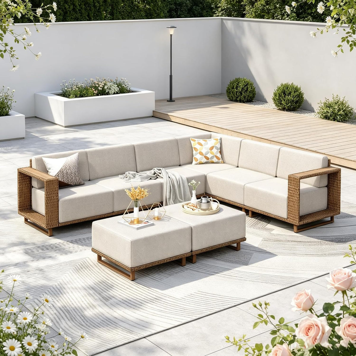 PHI VILLA Rattan Gartenmöbel Set mit 25 cm Kissen, 8 Personen Outdoor Lounge Möbel Ecksofa mit 2 Ottomanen, Beige