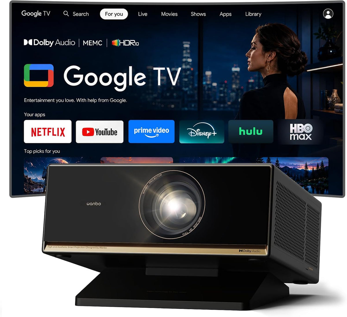 WANBO X7 Pro Max Smart Beamer Heimkino Tageslicht Official Google TV 14/Netflix, MEMC HDR10, 1080P FHD Outdoor Projektor bis 300', 20W Dolby eARC