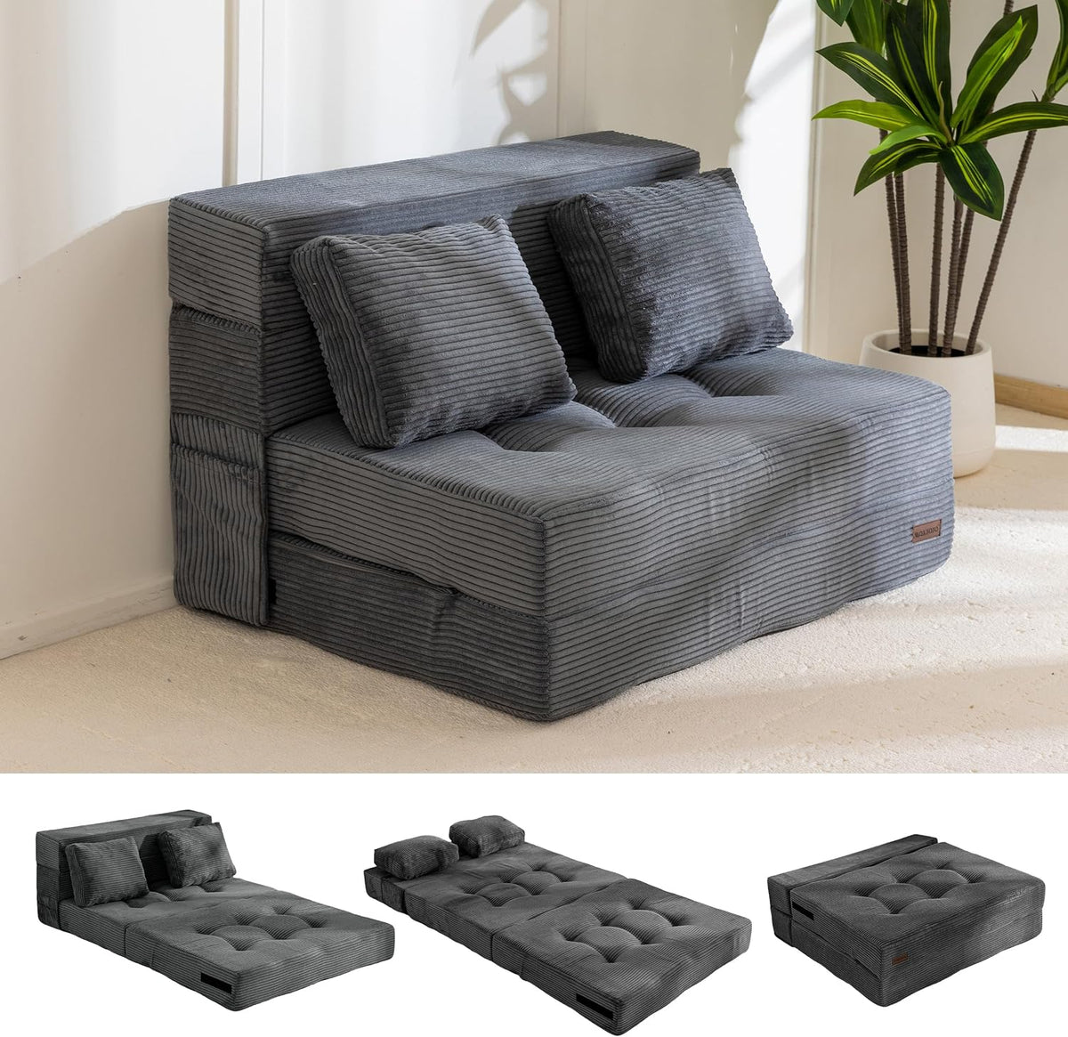 MAXYOYO Schlafsofa, Bodensofa mit 4-Teilige Bequem Klappmatratze 15cm Dickem und 2 Kissen, Klappsofa mit Schlaffunktion, Gästematratze Klappbar