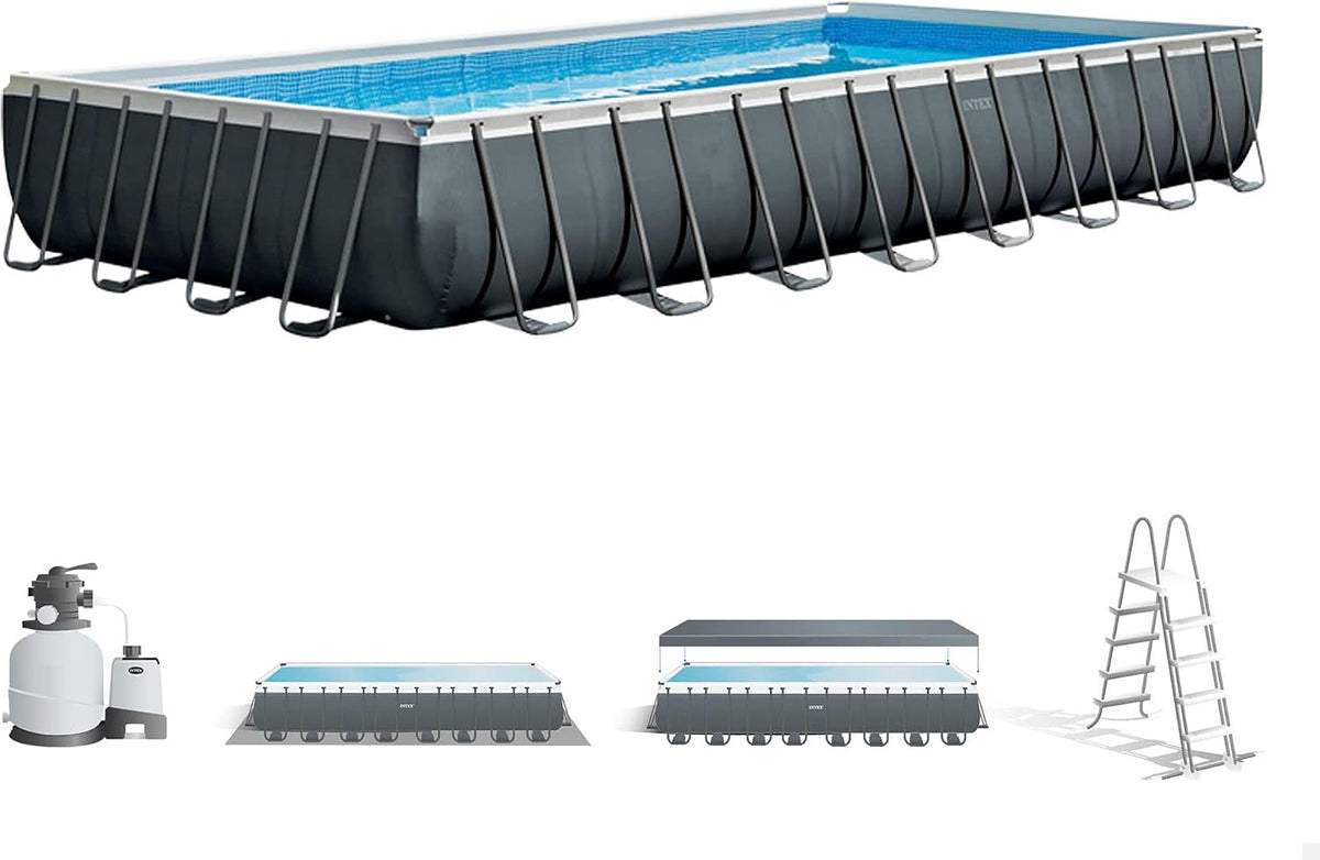 Intex 26374NP, 975x488x132 cm, Filterpumpe 10500 L/h, 54368 L, Aufstellpool Ultra XTR Frame Rechteckig, Leiter, Bodenplane und Abdeckplane, Grau