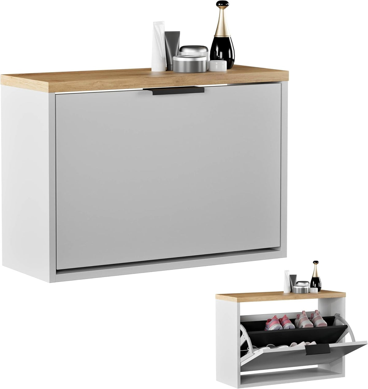 Planetmöbel Schuhschrank schmal mit 1 Klappe platzsparender Schuhregal mit 2 Ablagen, Garderobe 60 x 23 x 42,5 cm, Schuhkommode für Diele, Flur