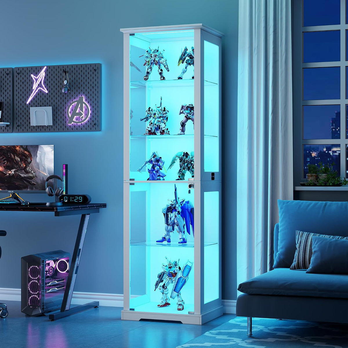 Lvifur Glasvitrine mit LED Beleuchtung und Glastüren für Wohnzimmer Schlafzimmer,40×50×180cm 5-Lagen Vitrinenschrank Vitrine mit Intelligente Sensorik