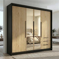 A&J MöbelLand VIVO Kleiderschrank 4-türig mit Spiegel und Schubladen, 200 x 215 cm, Drehtürenschrank mit Kleiderstange und Einlegeböden