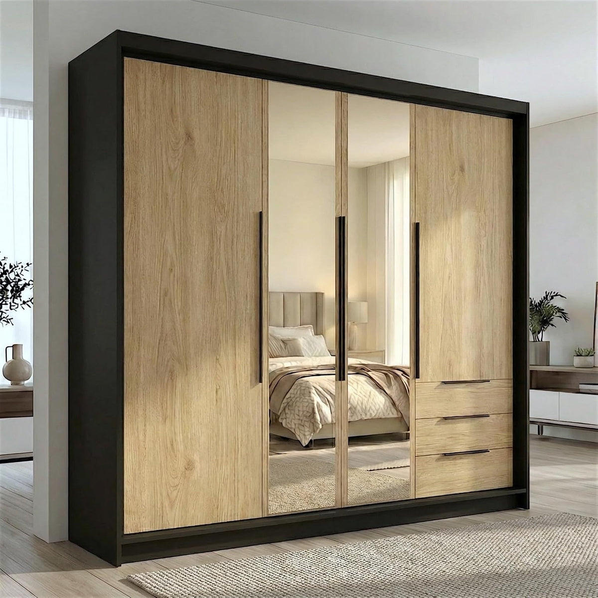 A&J MöbelLand VIVO Kleiderschrank 4-türig mit Spiegel und Schubladen, 200 x 215 cm, Drehtürenschrank mit Kleiderstange und Einlegeböden