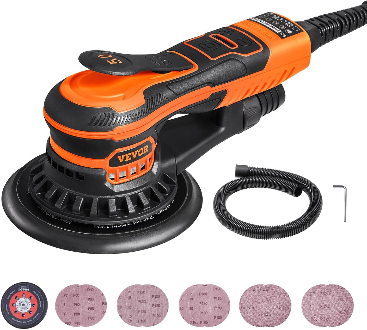 VEVOR Exzenterschleifer, 152 mm bürstenloser elektrischer Exzenterschleifer, 350 W, mit 10 Schleifpapieren, 6 variable Geschwindigkeiten