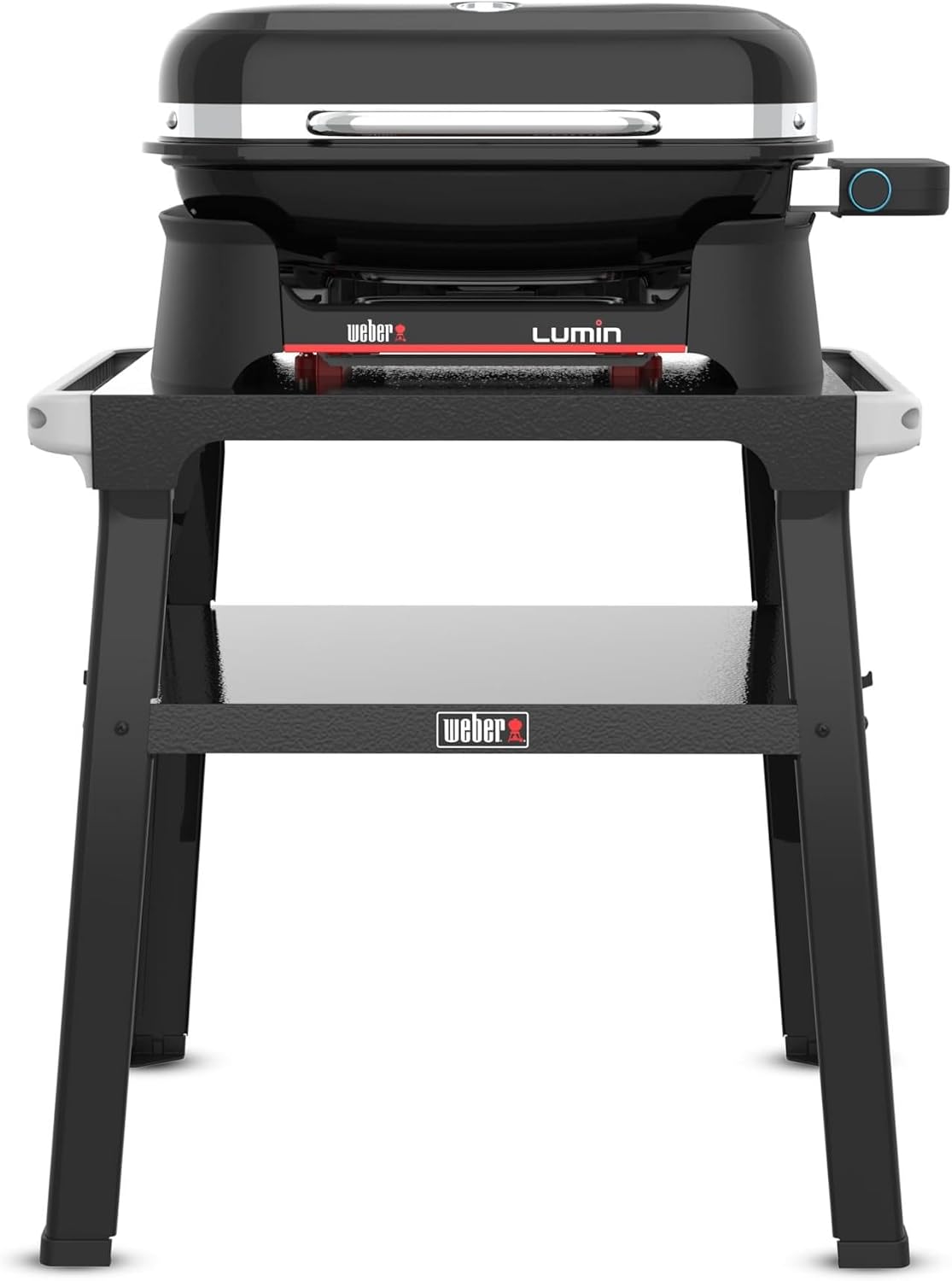 Weber Lumin 1501650 Elektrogrill mit Standfuß, erhitzt bis 315°C, 33 x 49 cm Grillfläche, mit Deckelthermometer, porzellanemaillierter Gusseisenroste