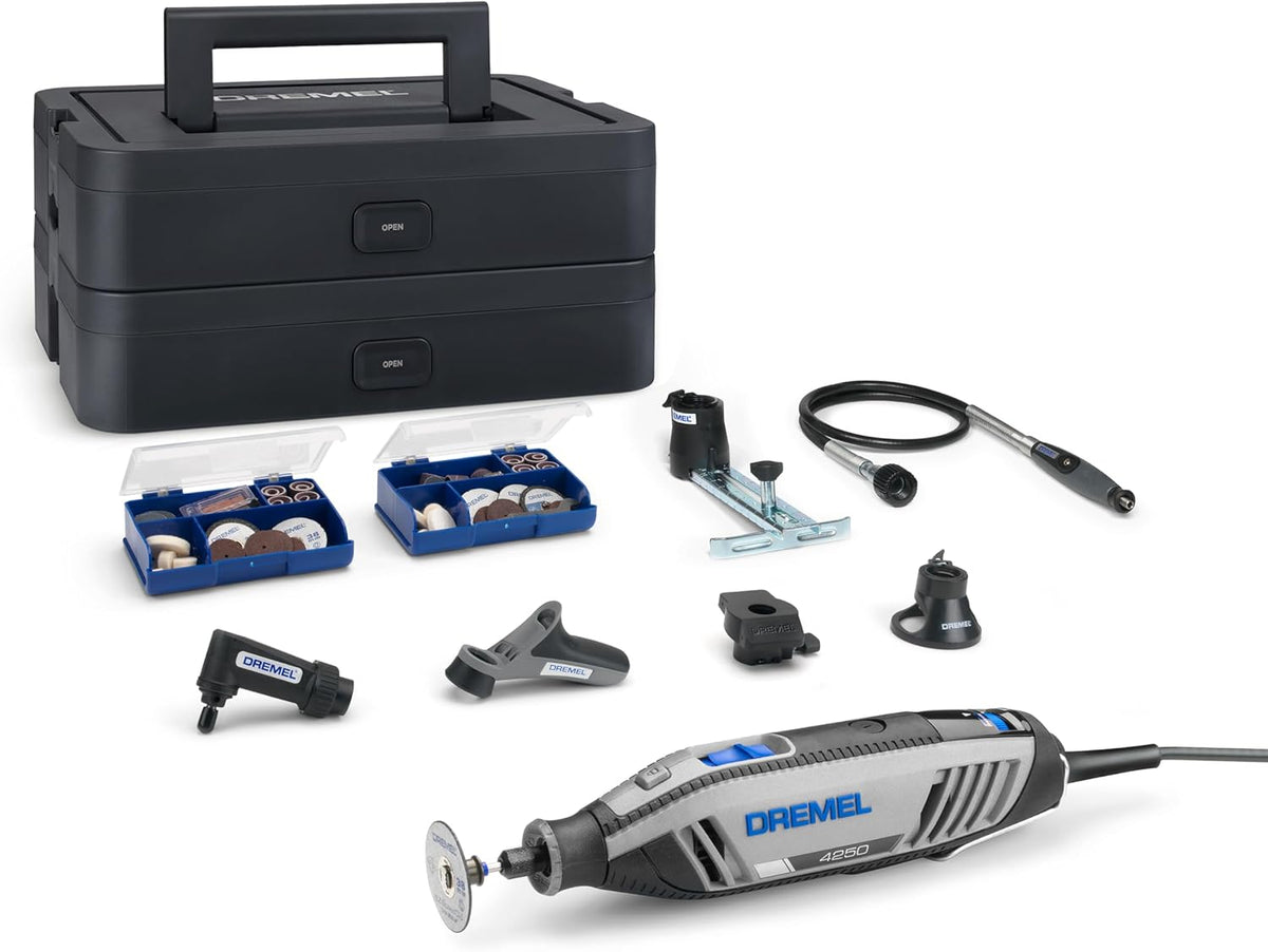 Dremel 4250 Multitool 175W, Multitool-Kit mit 6 Aufsätzen, variable Drehzahl 5.000-35.000 U-min, 1 Dremel BOX, 128 Zubehörteile zum Schneiden, Bohren