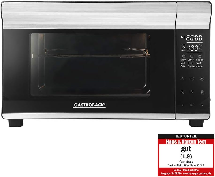 GASTROBACK Design Mini-Backofen Bake & Grill, 26 L, 5 Funktionen bei 30°C, 230°C, 30 cm Ø Pizzastein, Minibackofen mit Umluft, Cool Touch Gehäuse