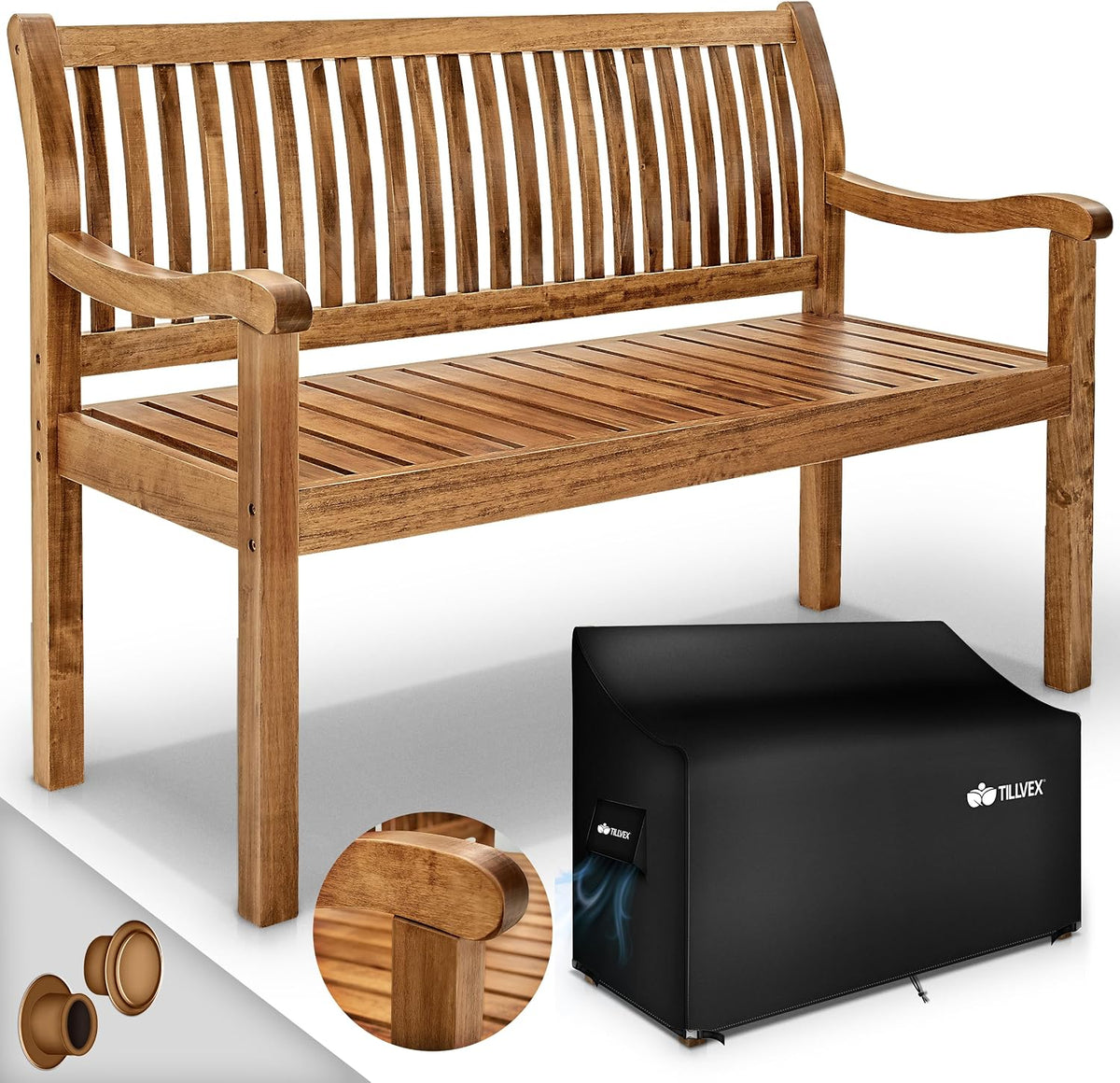 tillvex Gartenbank Holz 3-4 Sitzer inkl. Abdeckung wetterfest 125 cm