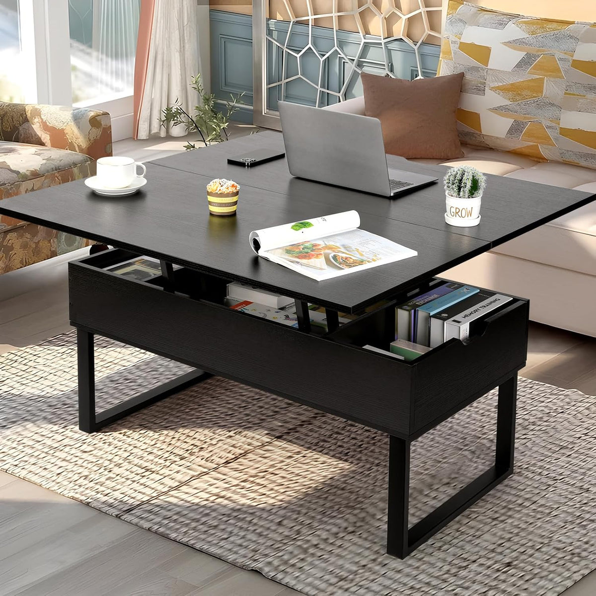 VOWNER Couchtisch Höhenverstellbar Wohnzimmertisch, Schwarz Holz