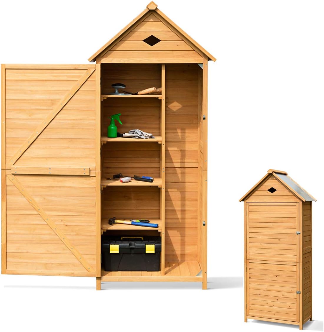 RELAX4LIFE Gerätehaus Garten, 177 x 80 x 45 cm, Gartenhaus aus Holz, Gartenschrank mit Satteldach, Geräteschuppen mit Ablagen