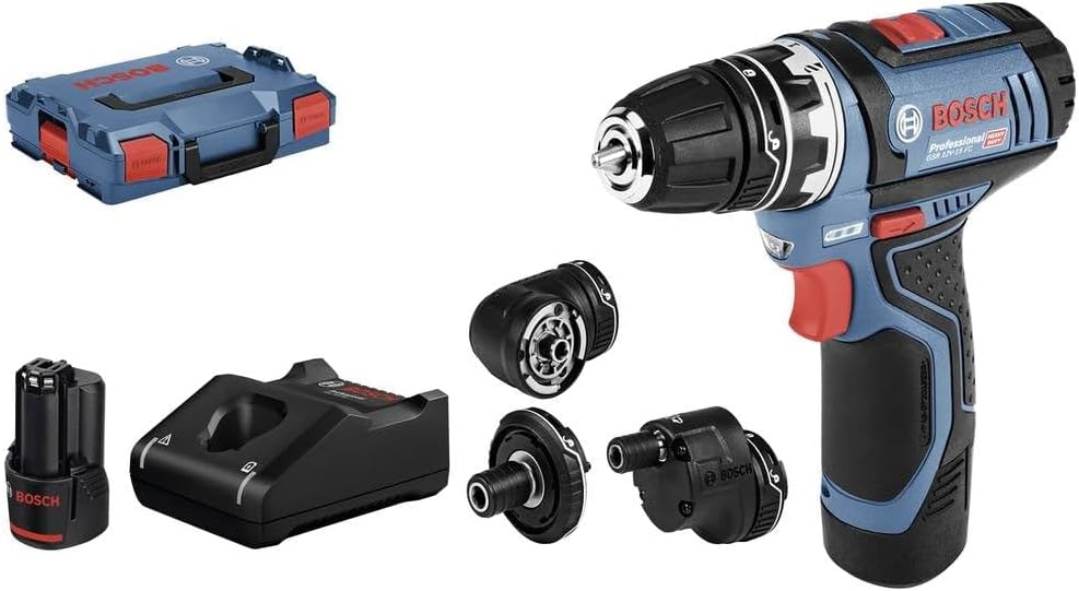 Bosch Professional 12V System Akku Bohrschrauber GSR 12V-15 FC, Ladegerät GAL 12V-40, FlexiClick System (inkl. 2x 2.0Ah Akku, 4x Aufsätze, L-BOXX)