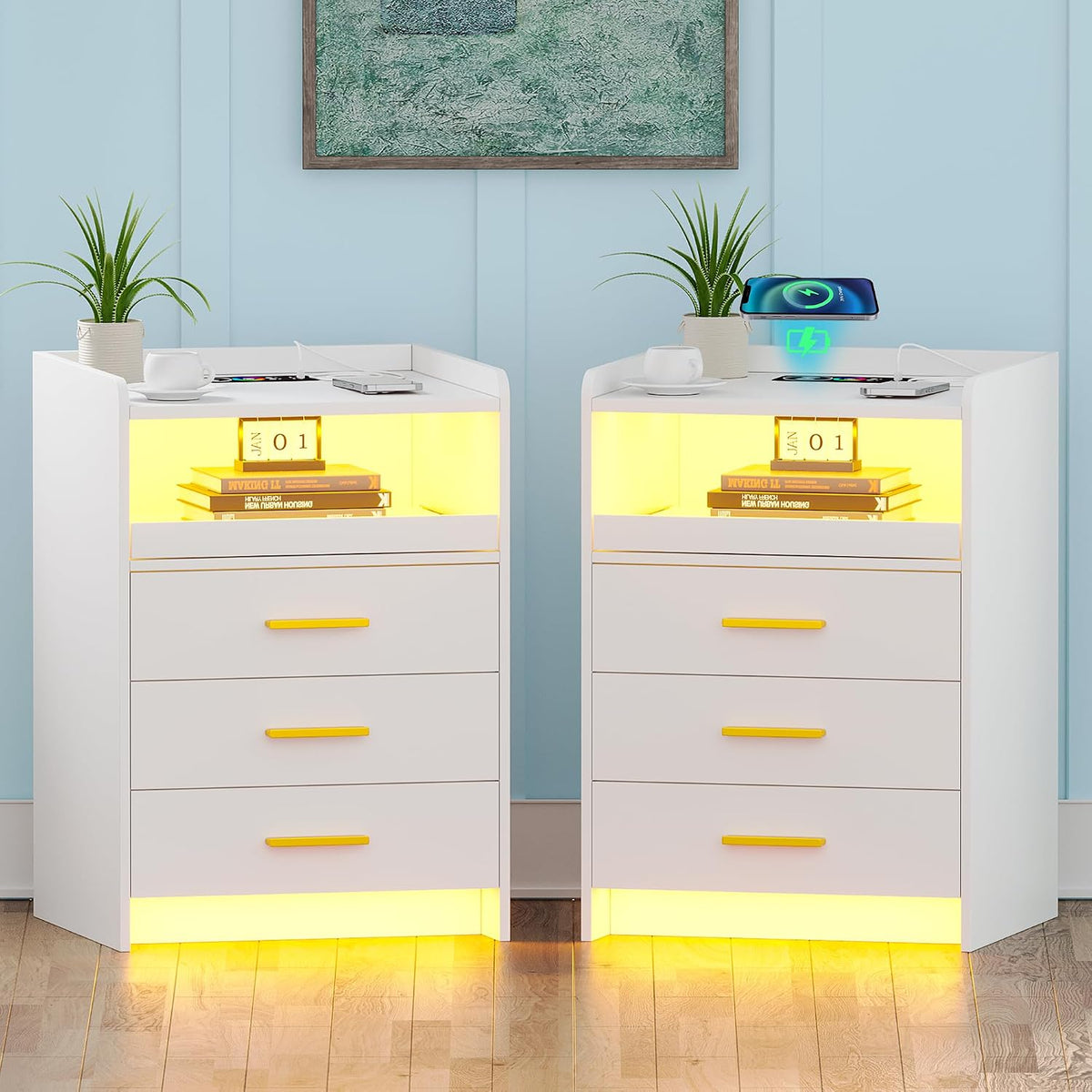 Gurexl RGB Nachttisch 2 er Set mit Ladefunktion und 3 Schubladen, Weiß
