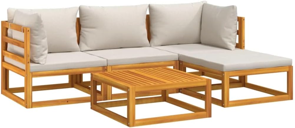 vidaXL Garten Lounge Set 5-TLG., Modular Sofa Garnitur Loungemöbel, Gartenmöbel Set mit Hellgrauen Kissen, Sitzgruppe für Garten Terrasse, Massivholz