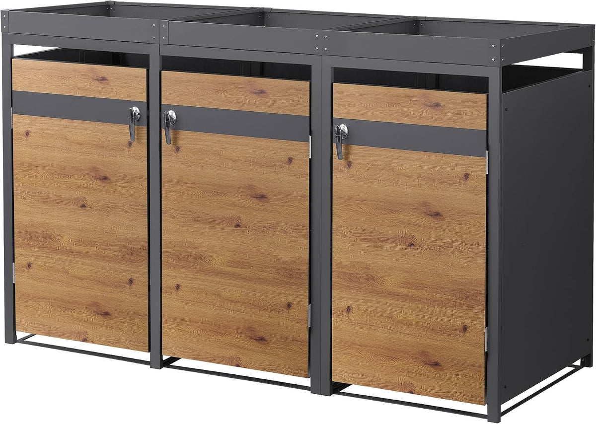 ML-Design Mülltonnenbox 3er 240L mit Pflanzdach, abschließbare Tür 200x80x124 cm Anthrazit-Holzoptik, Mülltonnenverkleidung für 3 Mülltonnen