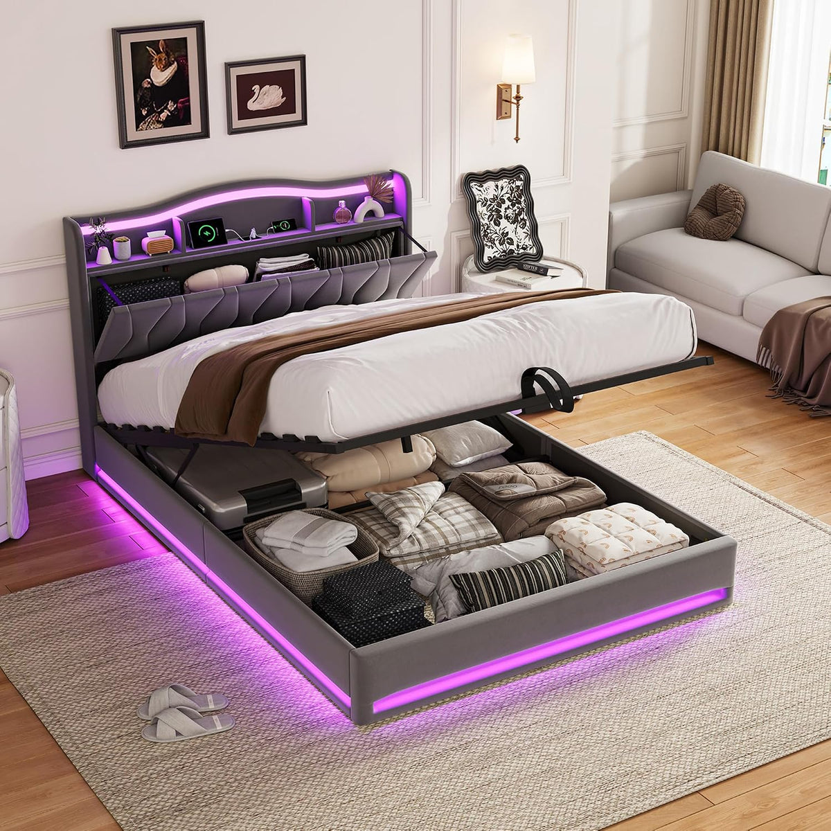 Polsterbett 160x200 Doppelbett mit LED, Bett mit stauraum, 160x200cm, Hydraulisch Stauraumbett mit USB, Funktionsbett Jugendbett mit Lattenrost