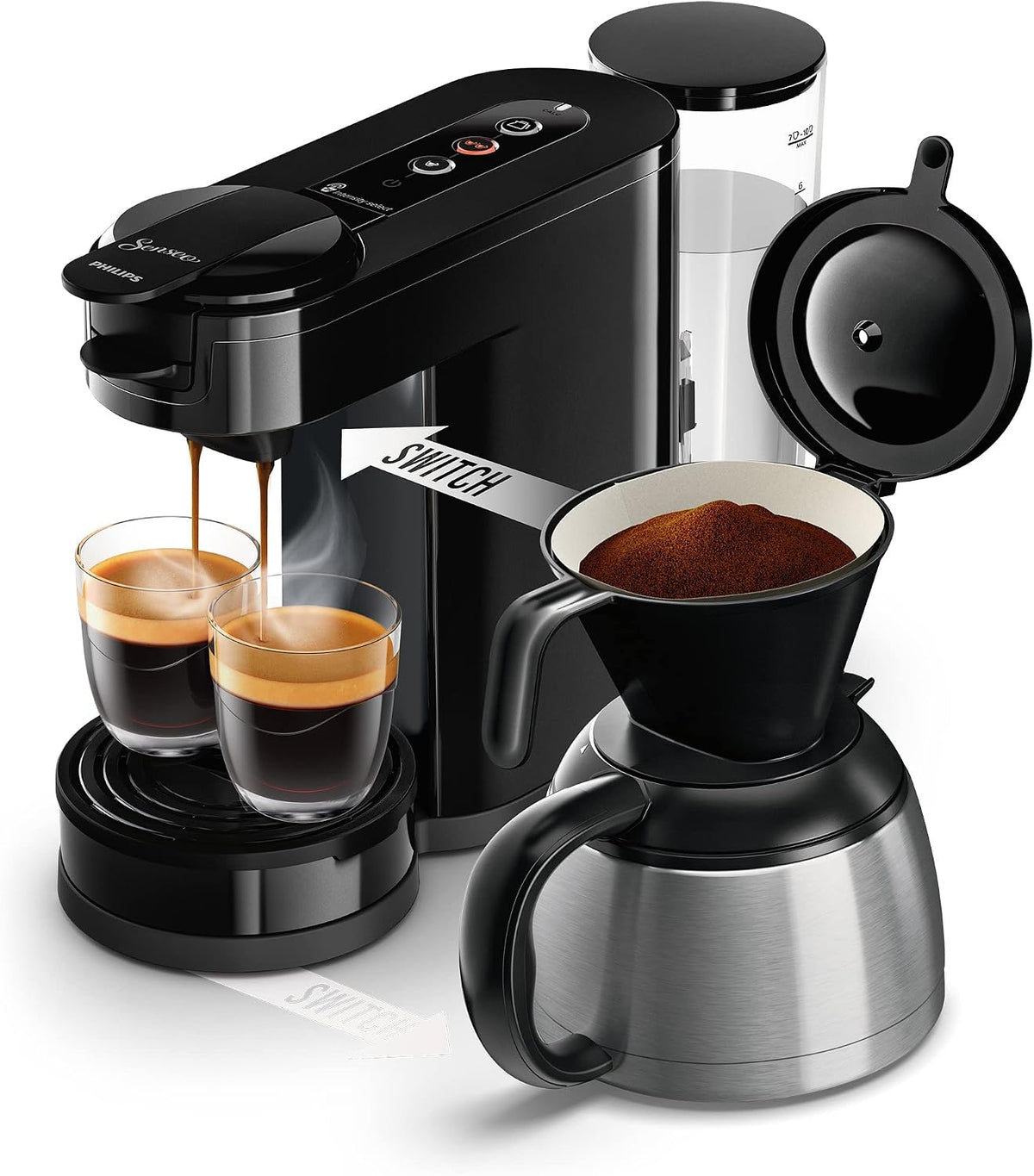 Philips Senseo Switch Pad- und Filterkaffeemaschine, 2-in-1-Brühtechnologie, 1-Liter-Wasserbehälter, Klavierlackschwarz (HD6592/64)