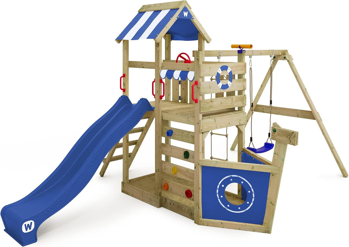 WICKEY Spielturm Klettergerüst SeaFlyer mit Schaukel & Blauer Rutsche, Outdoor Kinder Kletterturm mit Sandkasten