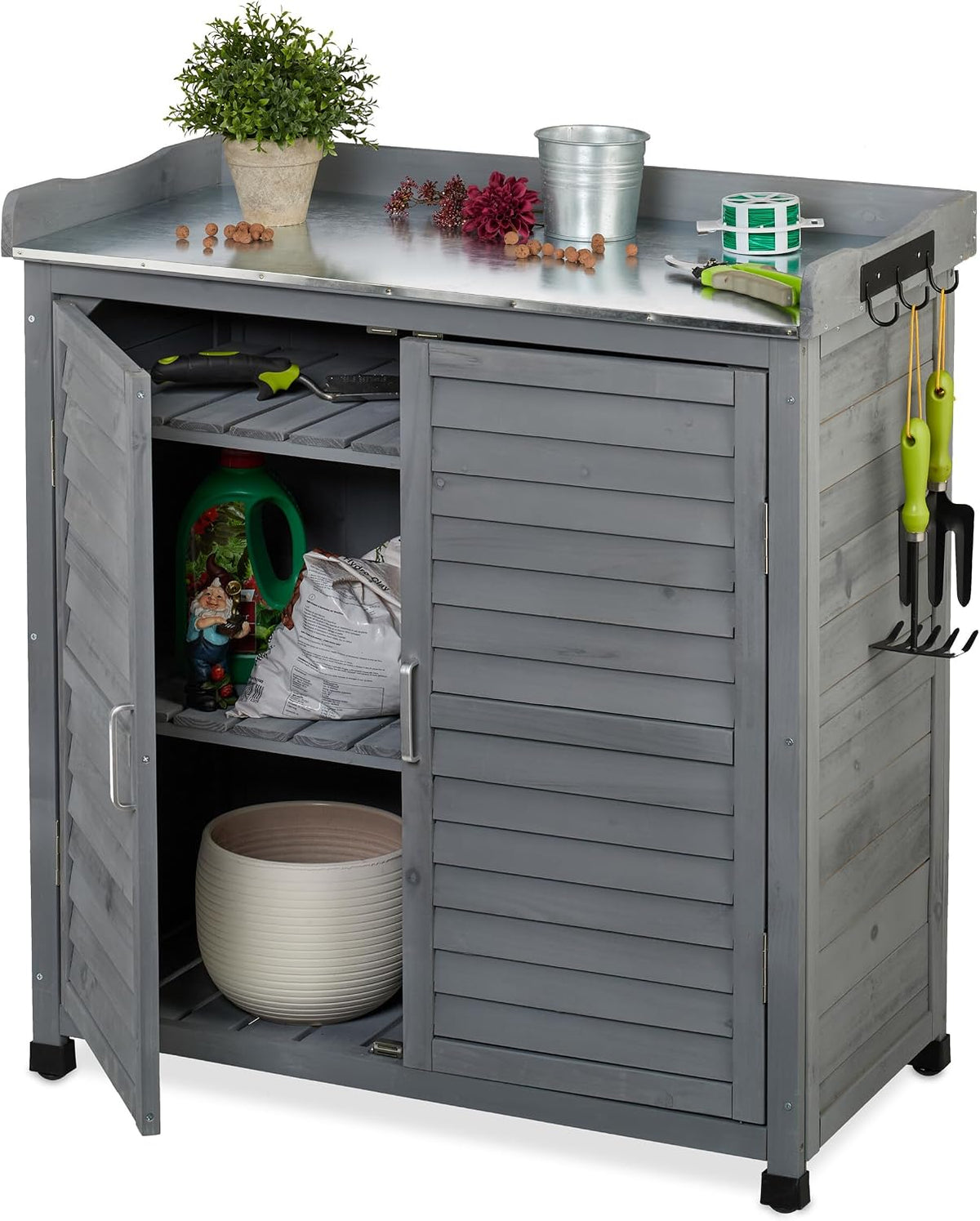 Relaxdays Pflanztisch mit Unterschrank, HBT: 92 x 90 x 45 cm, 3 Haken, Holz, Zinn Arbeitsplatte, Gartenschrank, Farbwahl