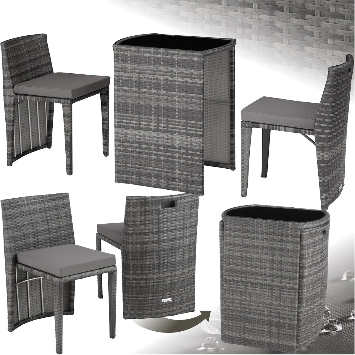 tectake Poly Rattan Bistroset mit Aluminium Gestell, Gartenmöbel Set mit 2 Stühlen & Tisch, Sitzgruppe für Garten, platzsparend zusammenschiebbar