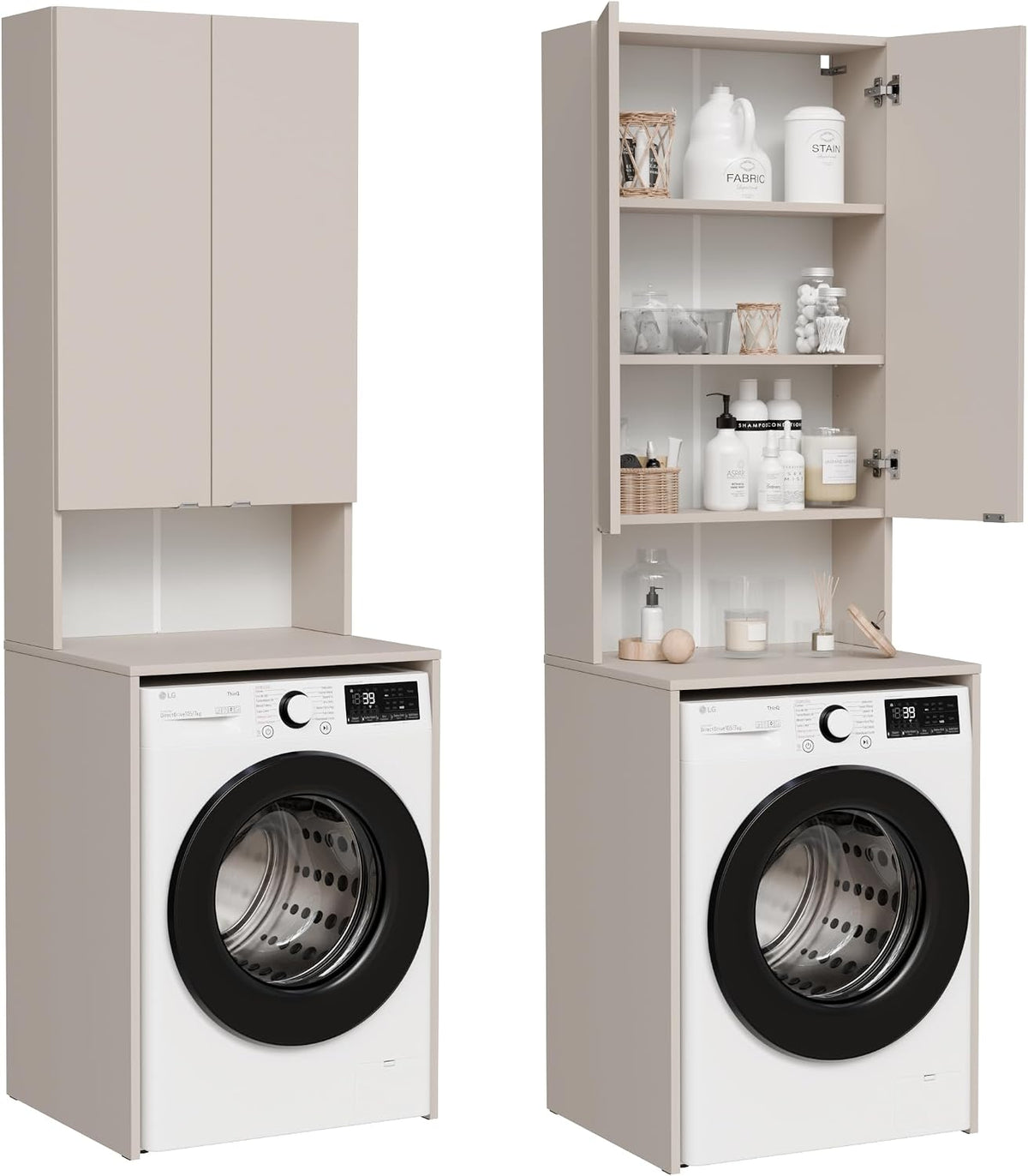 PLATAN ROOM Waschmaschinenschrank Badezimmer Hochschrank Überbauschrank für Waschmaschine und Wäschetrockner 210 x 66 x 50/56 cm weiß