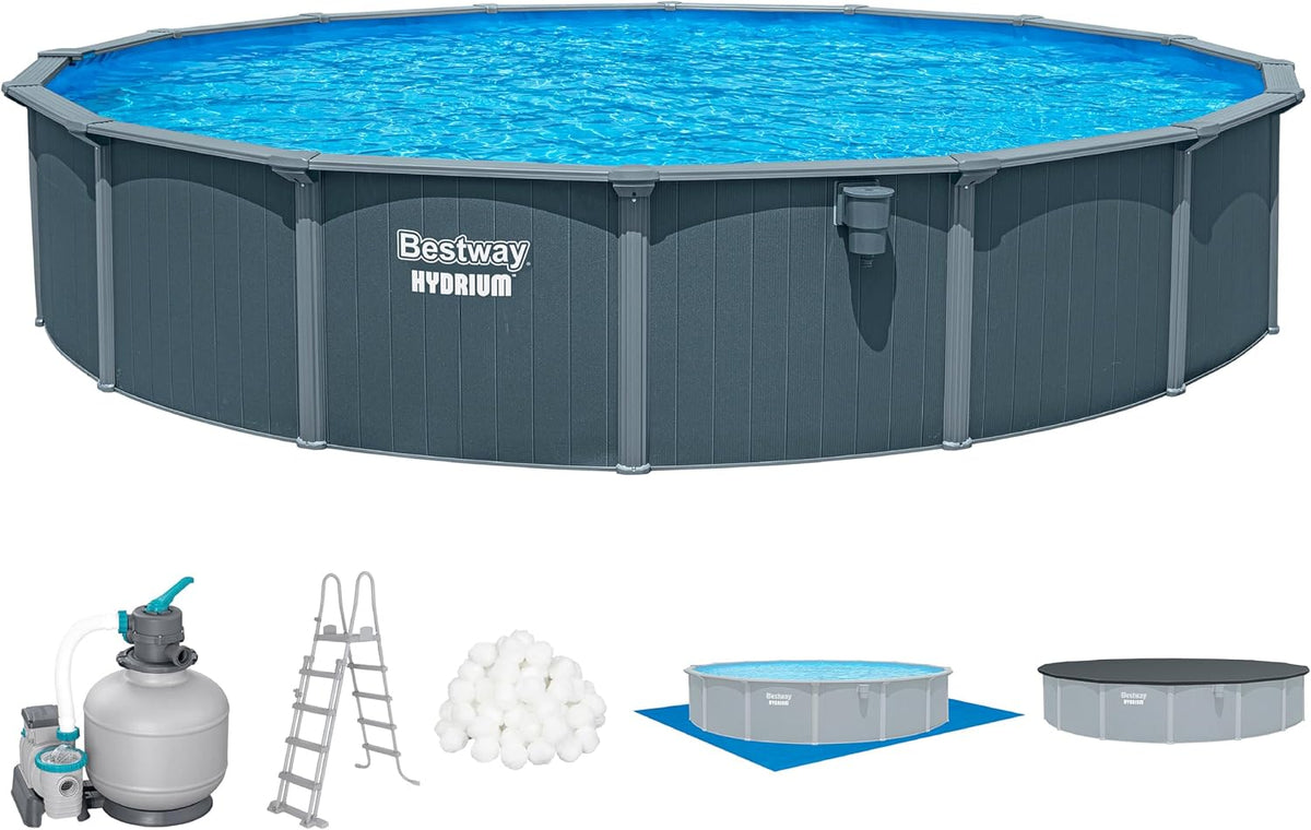 Bestway Hydrium Stahlwandpool Komplett-Set rund 732 x 132 cm Holz-Optik Grau XXL Gartenpool mit Sandfilteranlage