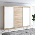 A&J MöbelLand Mero Schwebetürenschrank 200 cm, Kleiderschrank 3-türig mit 4 Schubladen (Sonoma/Weiß)