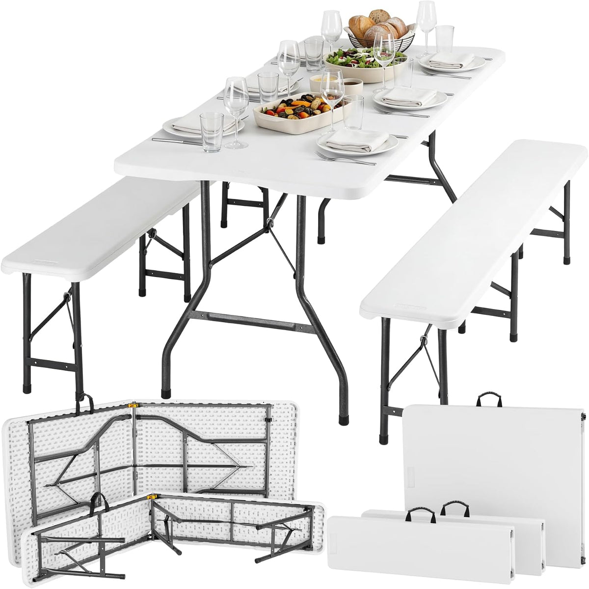 tectake 3-teiliges Gartenmöbel Set, 180cm lang (weiß), klappbarer Campingtisch mit 2X Bierbank, mit Tragegriffen, Balkonmöbel, Bierzeltgarnitur