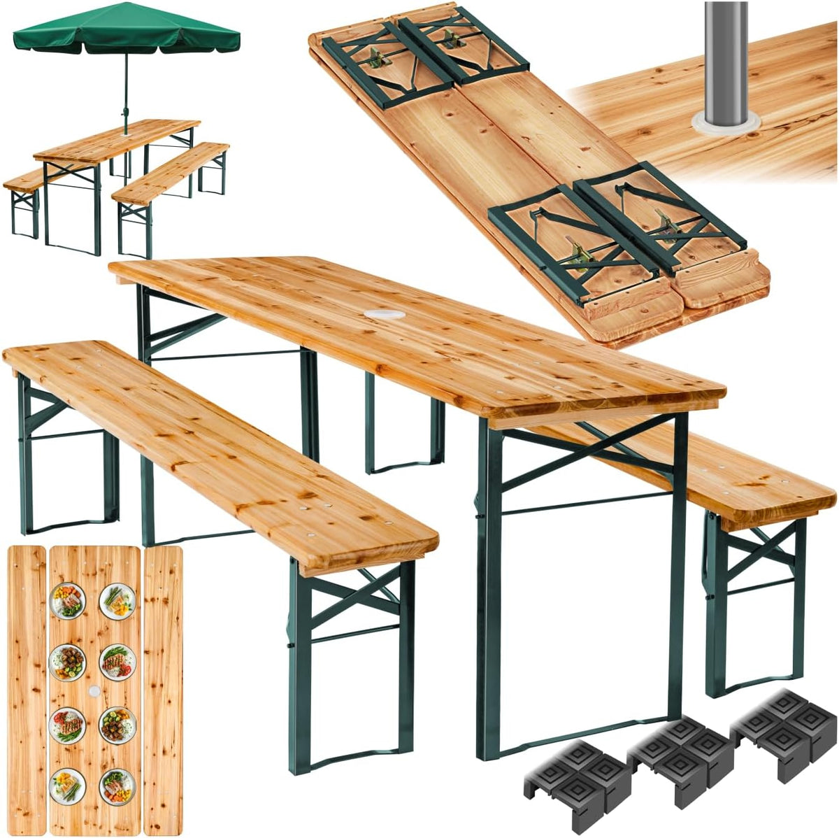 tectake Bierzeltgarnitur mit Tisch und 2X Bierbank, 170 x 46 x 78 cm, mit Schirmhalterung und 12 Bodenschoner Bierzeltgarnitur, klappbar, lackiert
