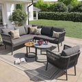 Merax Gartenmöbel Set 6 Personen, Gartenlounge Set aus Metallrahmen & handgeflochten Seil, Modulares Ecksofa Set für Terrasse, Grau
