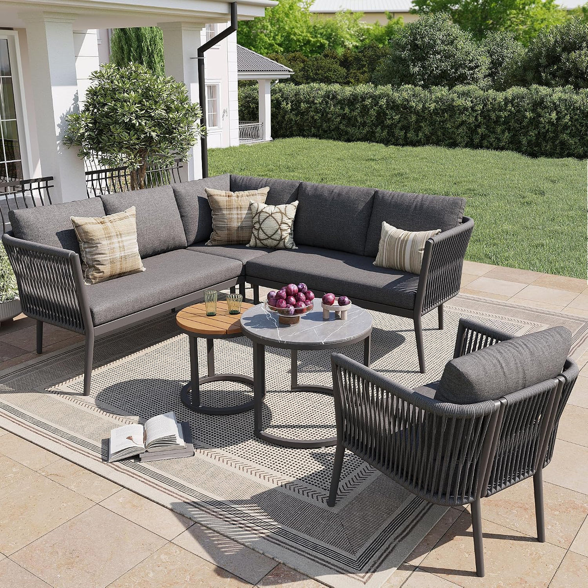 Merax Gartenmöbel Set 6 Personen, Gartenlounge Set aus Metallrahmen & handgeflochten Seil, Modulares Ecksofa Set für Terrasse, Grau