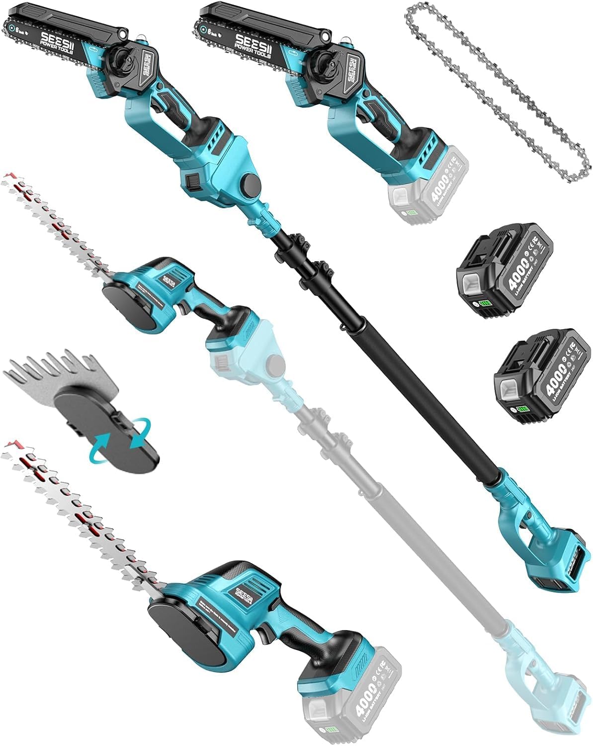 SEESII 6-in-1 Teleskop Hochentaster Akku Set für Gartenpflege & Holzfällen