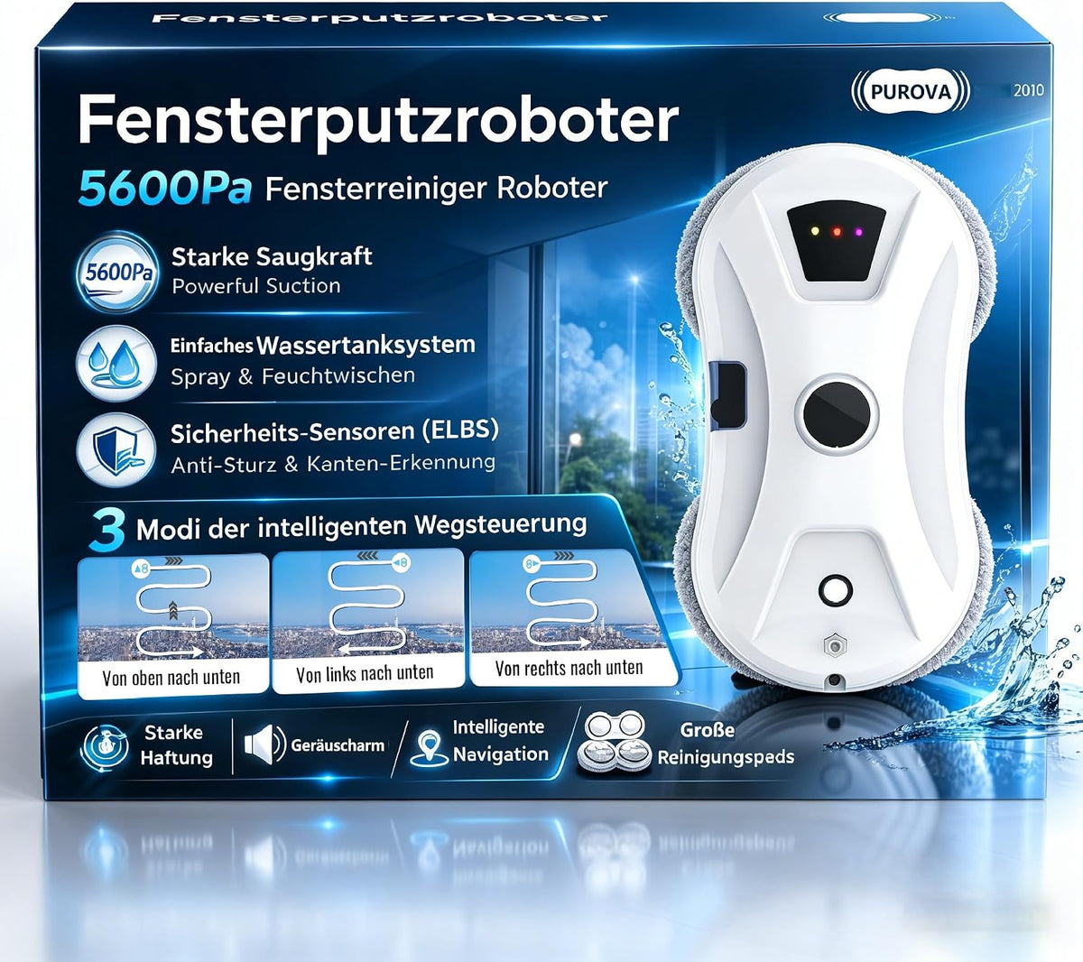 Fensterputzroboter mit Sprühfunktion, Spiegel und Fliesen, 5600 Pa Fensterroboter mit Intelligenter Navigation, für Fenster, 3 Reinigungsmodi, Glas